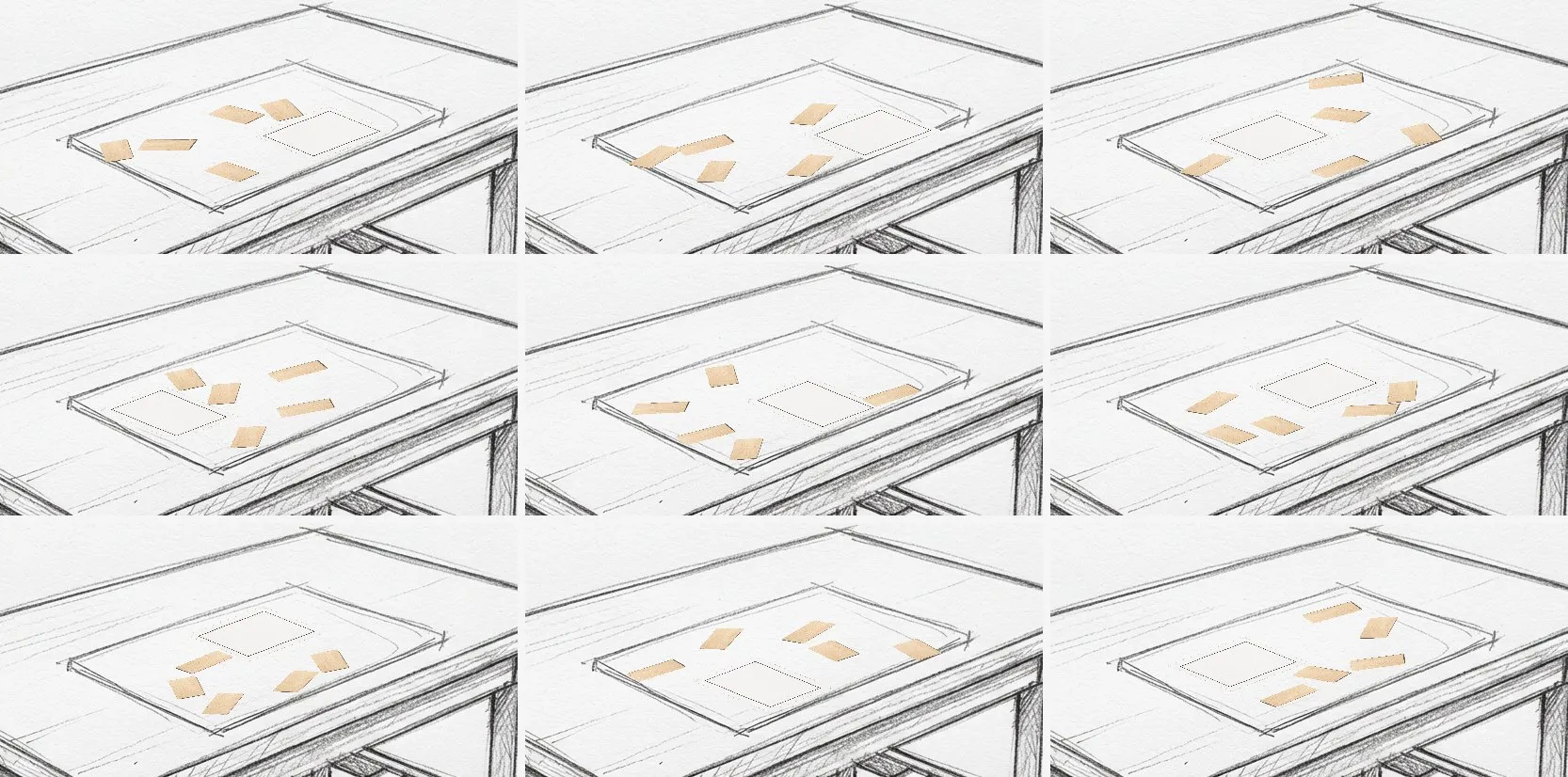 Nine starting layouts: blocks and card in different positions