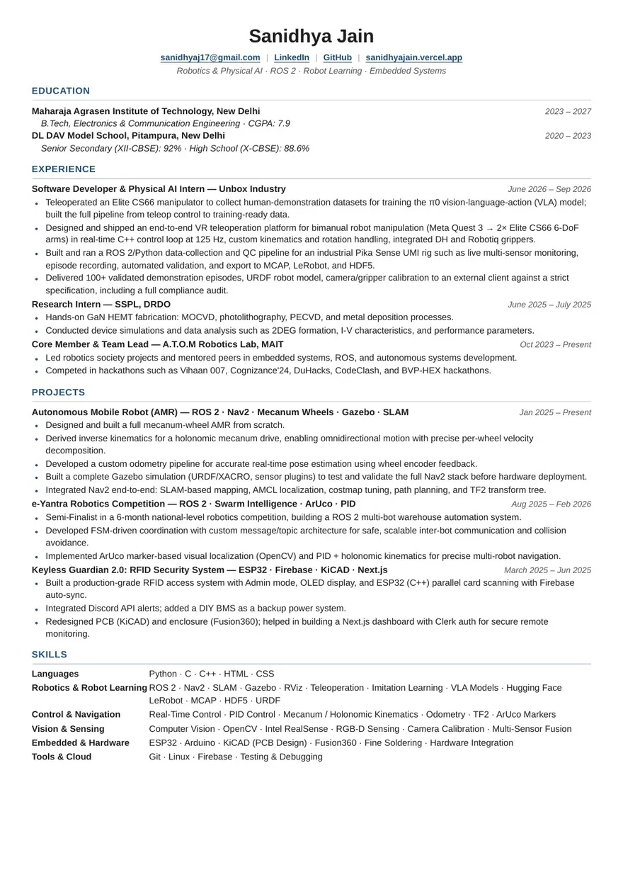 First page of the résumé
