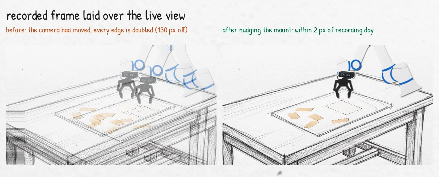 A recorded frame laid over the live view: before alignment every edge is doubled, after nudging the mount they sit on top of each other